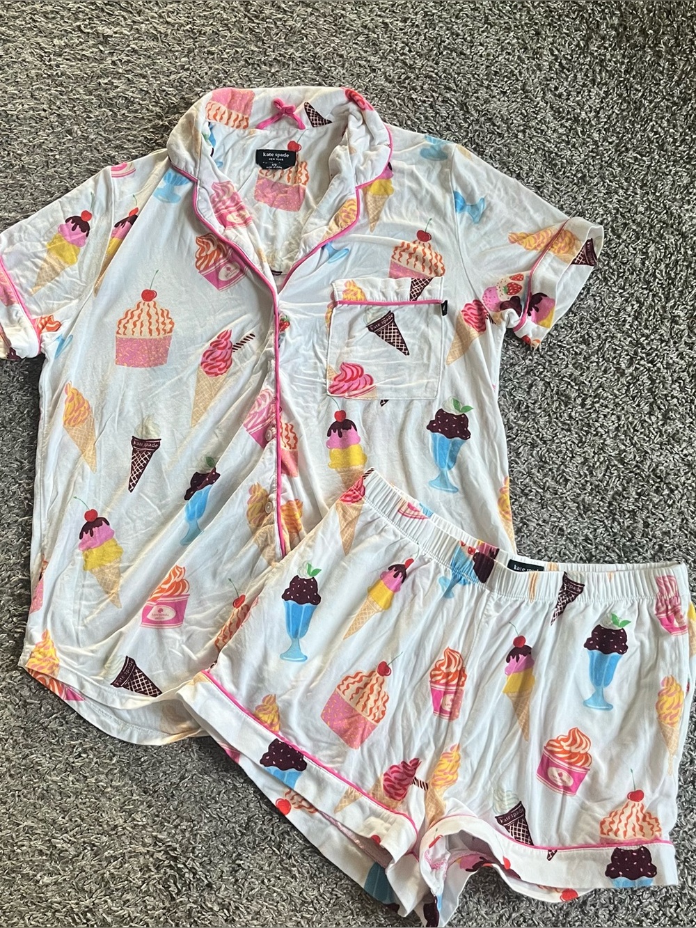 Kate Spade New York Pajama Shorts Top Set Sleepwear Jersey Ice Cream Button Down